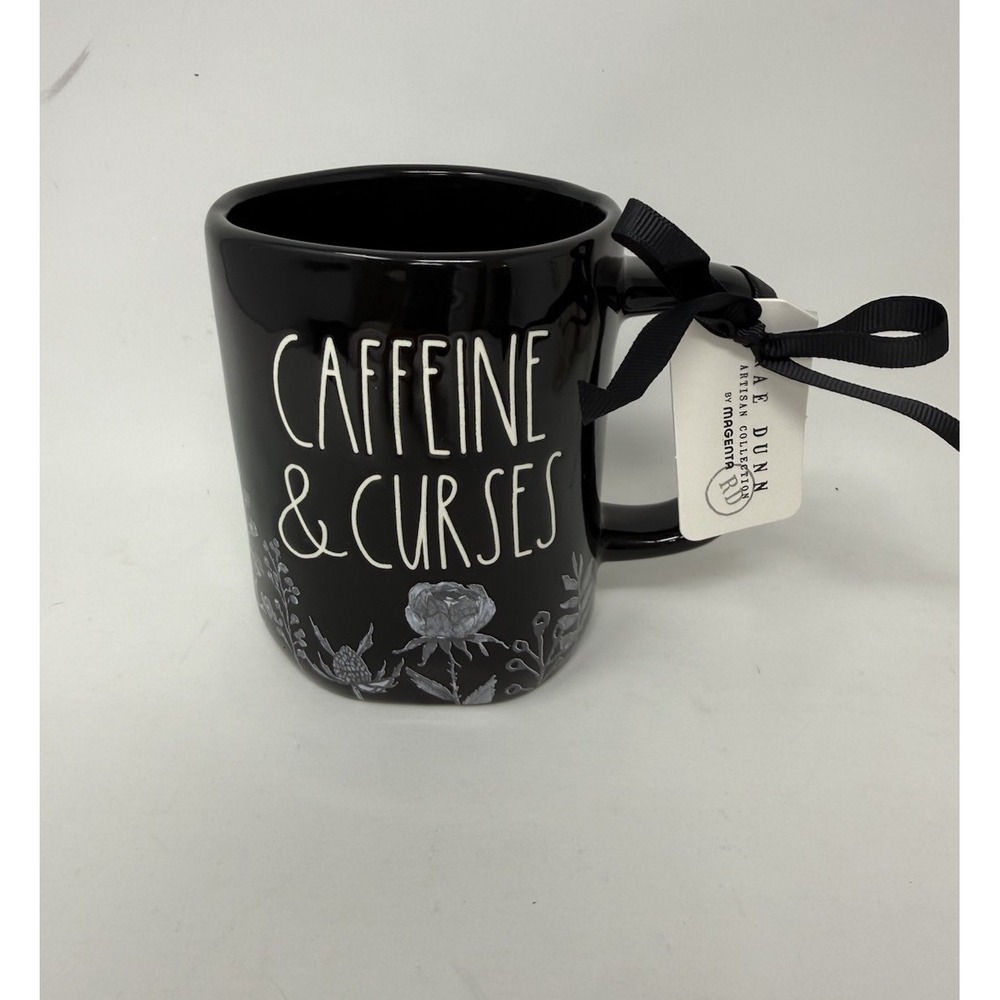 Rae Dunn Caffeine & Curses Black Ceramic Coffee Mug White Text 16oz